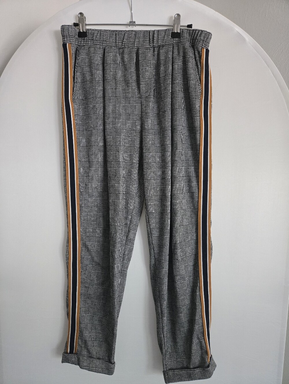 Gray Plaid Women's Plaid Pants with Side Stripes